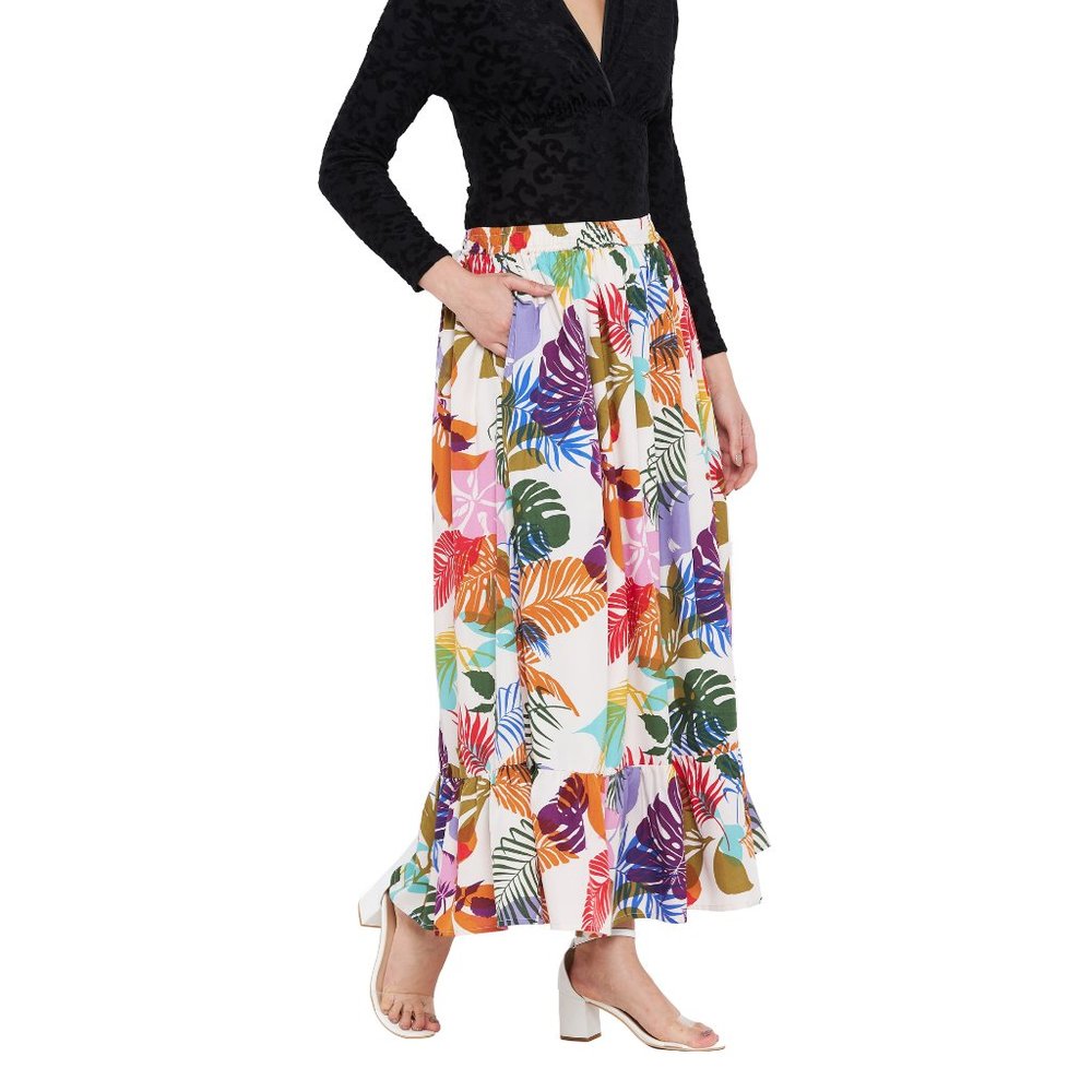 Tropical Leaf Print Multicolor Micro Poly Skirt for Women - Picture 3 of 7